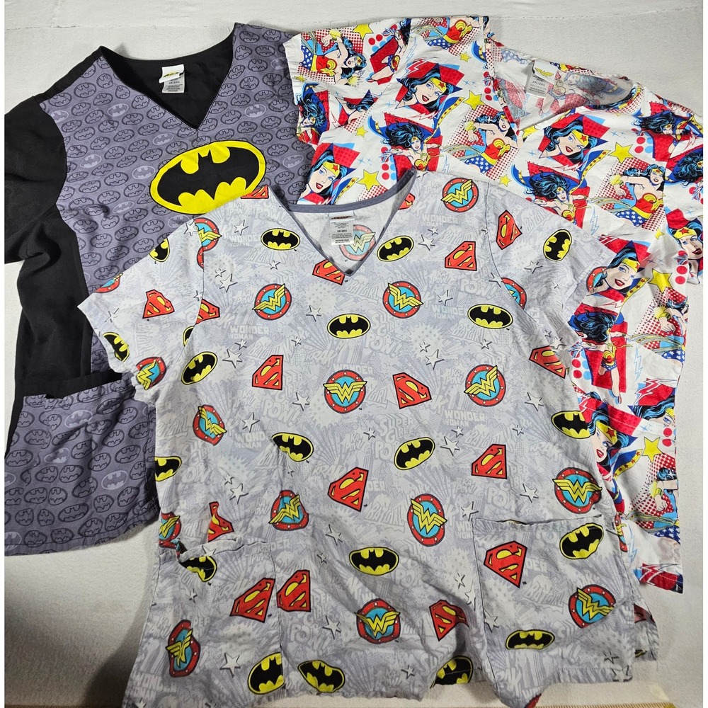 DC Comics Scrub Tops Bundle Wonder Woman Superman Batman 2XL 3 Piece Set